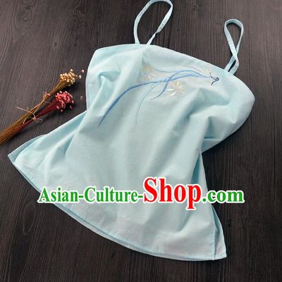 Traditional Ancient Chinese Costume Sun-Top, Elegant Hanfu Boob Tube Top Clothing Chinese Han Dynasty Embroidery Chlorophytum comosum Light Blue Condole Belt for Women