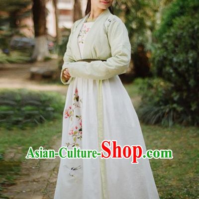 Traditional Ancient Chinese Female Costume Blouse and Dress Complete Set, Elegant Hanfu Clothing Chinese Ming Dynasty Palace Lady Embroidered Cranes Chaenomeles Speciosa Clothing for Women