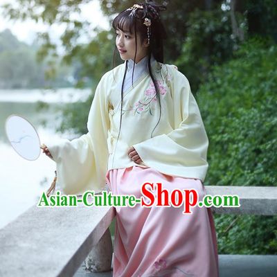 Traditional Ancient Chinese Female Costume Blouse and Dress Complete Set, Elegant Hanfu Clothing Chinese Ming Dynasty Palace Lady Embroidered Peach Blossom Clothing for Women