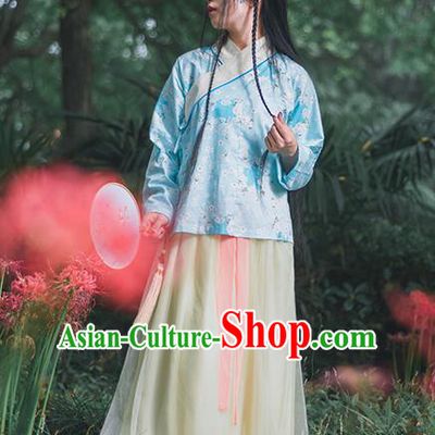 Traditional Ancient Chinese Female Costume Blouse, Elegant Hanfu Clothing Chinese Ming Dynasty Palace Lady Embroidered Oriental Cherry Blue Shirt Clothing for Women
