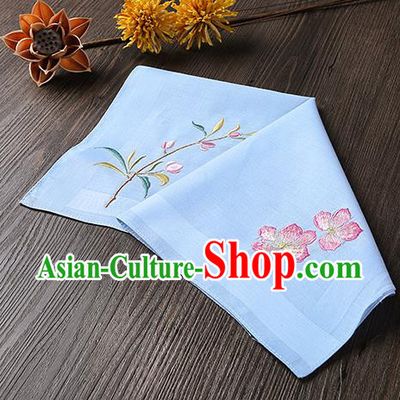 Traditional Ancient Chinese Palace Embroidered Peach Blossom Blue Handkerchief for Women
