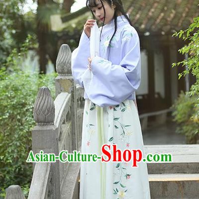 Traditional Ancient Chinese Female Costume Blouse and Dress Complete Set, Elegant Hanfu Clothing Chinese Ming Dynasty Palace Lady Embroidered Gardenia Clothing for Women