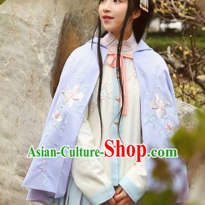 Traditional Ancient Chinese Female Costume Cardigan, Elegant Hanfu Short Cloak Chinese Ming Dynasty Palace Lady Embroidered Paeonia Lactiflora Hooded Cape Clothing for Women