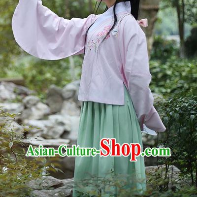 Traditional Ancient Chinese Female Costume Blouse and Skirt Complete Set, Elegant Hanfu Clothing Chinese Ming Dynasty Palace Lady Embroidered Peach Blossom Pink Clothing for Women