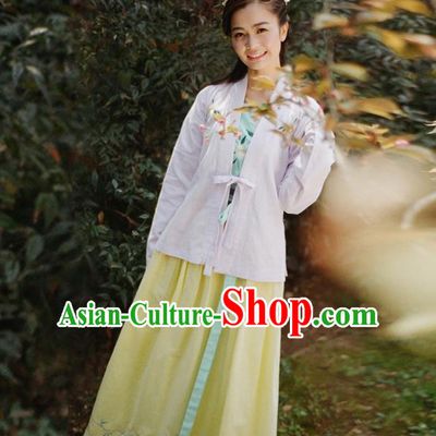 Traditional Ancient Chinese Female Costume Blouse and Dress Complete Set, Elegant Hanfu Front Opening Clothing Chinese Ming Dynasty Palace Lady Embroidered Gardenia Clothing for Women