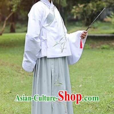 Traditional Ancient Chinese Female Costume Blouse and Dress Complete Set, Elegant Hanfu Slant Opening Clothing Chinese Ming Dynasty Palace Lady Embroidered Bamboo Leaf Clothing for Women