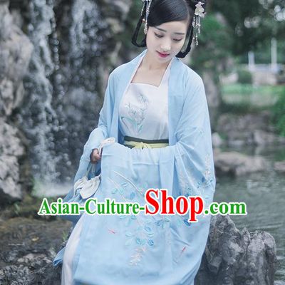 Traditional Ancient Chinese Female Costume Wide Sleeve Cardigan and Dress Complete Set, Elegant Hanfu Underpants Clothing Chinese Tang Dynasty Palace Lady Embroidered Semen Cassiae Clothing for Women