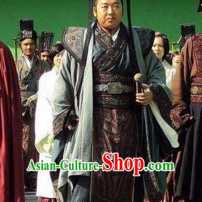 Traditional Ancient Chinese Imperial Emperor Costume and Hat Complete Set, Elegant Hanfu Orphrey Dress Chinese Qin Dynasty Imperial King Embroidered Robes for Men