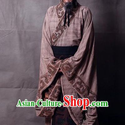 Traditional Ancient Chinese Imperial Minister Costume and Hat Complete Set, Elegant Hanfu Orphrey Dress Chinese Qin Dynasty Imperial Courtiers Embroidered Robes for Men