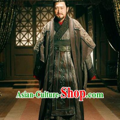 Traditional Ancient Chinese Imperial Minister Costume and Hat Complete Set, Elegant Hanfu General Orphrey Dress Chinese Qin Dynasty Imperial Courtiers Embroidered Robes for Men