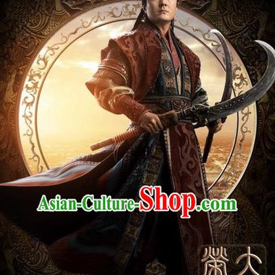 Traditional Ancient Chinese Swordsman Costume and Hat Complete Set, Elegant Hanfu General Orphrey Dress Chinese Tang Dynasty Imperial Warrior Armour Embroidered Robes for Men