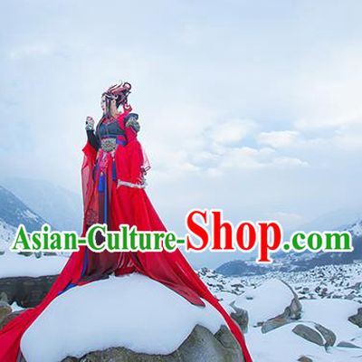 Traditional Asian Chinese Princess Costume, Elegant Hanfu Armour Dress, Chinese Imperial Princess Tailing Embroidered Red Clothing, Chinese Cosplay Fairy Princess Empress Queen Cosplay Costumes for Women