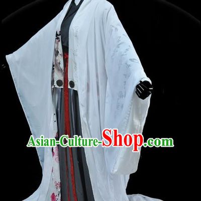 Traditional Asian Chinese Ancient Nobility Childe Costume, Elegant Hanfu White Dress, Chinese Imperial Prince Tailing Ink Painting Plum Blossom Clothing, Chinese Cosplay Swordsman Costumes for Men