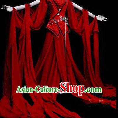 Traditional Asian Chinese Ancient Palace Princess Costume, Elegant Hanfu Red Water Sleeve Dance Dress, Chinese Imperial Princess Tailing Clothing, Chinese Cosplay Fairy Princess Empress Queen Cosplay Costumes for Women