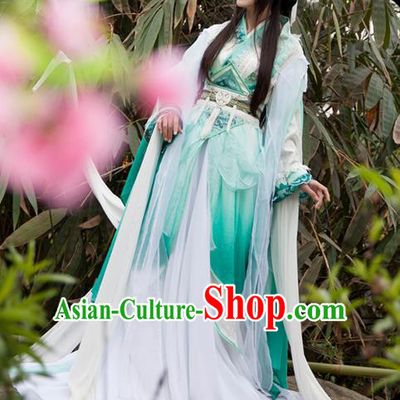 Traditional Asian Chinese Ancient Palace Princess Costume, Elegant Hanfu Blue Water Sleeve Dance Dress, Chinese Imperial Princess Tailing Clothing, Chinese Cosplay Fairy Princess Empress Queen Cosplay Costumes for Women