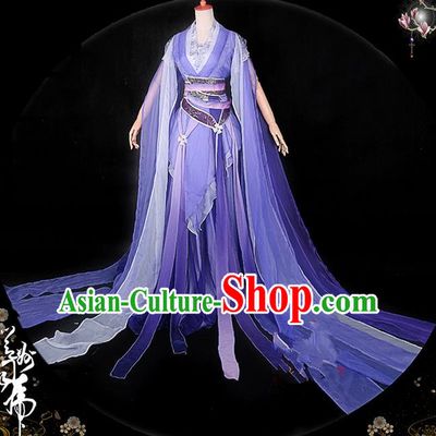 Traditional Asian Chinese Ancient Palace Princess Costume, Elegant Hanfu Violet Water Sleeve Dance Dress, Chinese Imperial Princess Tailing Embroidered Clothing, Chinese Cosplay Fairy Princess Empress Queen Cosplay Costumes for Women