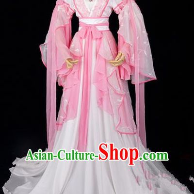 Traditional Asian Chinese Ancient Palace Princess Costume, Elegant Hanfu Embroidered Peach Blossom Pink Dress, Chinese Imperial Princess Tailing Embroidered Epiphyllum Clothing, Chinese Cosplay Fairy Princess Empress Queen Cosplay Costumes for Women