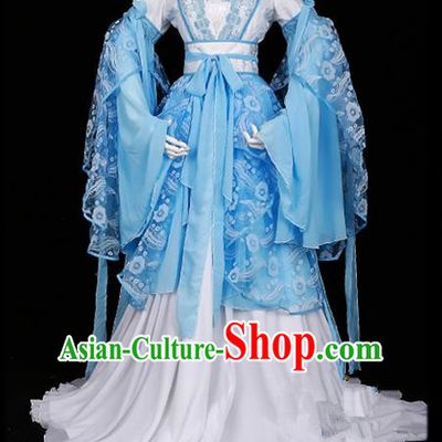 Traditional Asian Chinese Ancient Palace Princess Costume, Elegant Hanfu Water Blue Butterfly Printing Dress, Chinese Imperial Princess Tailing Clothing, Chinese Cosplay Fairy Princess Empress Queen Cosplay Costumes for Women