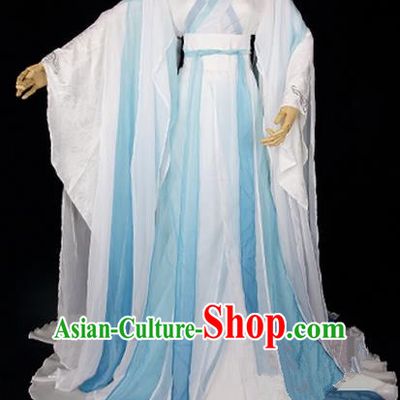 Traditional Asian Chinese Ancient Palace Princess Costume, Elegant Hanfu Water Blue Ink Painting Dress, Chinese Imperial Princess Tailing Clothing, Chinese Cosplay Fairy Princess Empress Queen Cosplay Costumes for Women