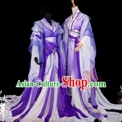 Traditional Asian Chinese Ancient Palace Couple Costume, Elegant Hanfu Wide Sleeve Violet Dress, Chinese Cosplay Swordsman Costumes for Women for Men