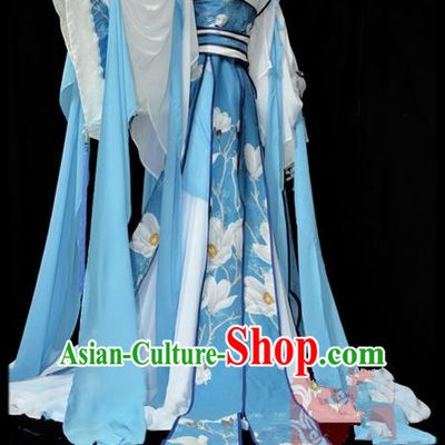Traditional Asian Chinese Ancient Palace Princess Costume, Elegant Hanfu Blue Dress, Chinese Imperial Princess Tailing Embroidered Clothing, Chinese Cosplay Fairy Princess Empress Queen Cosplay Costumes for Women