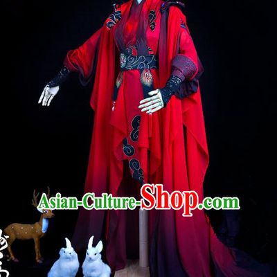 Traditional Ancient Chinese Swordsman Costume, Elegant Hanfu Cosplay Fairy Red Wedding Dress Chinese Han Dynasty Imperial Empress Embroidered Flowers Tailing Clothing for Women