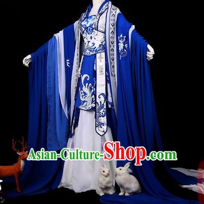 Traditional Ancient Chinese Swordsman Costume, Elegant Hanfu Cosplay Fairy Deep Blue Wide Sleeve Dress Chinese Han Dynasty Imperial Empress Printing Phoenix Tailing Clothing for Women