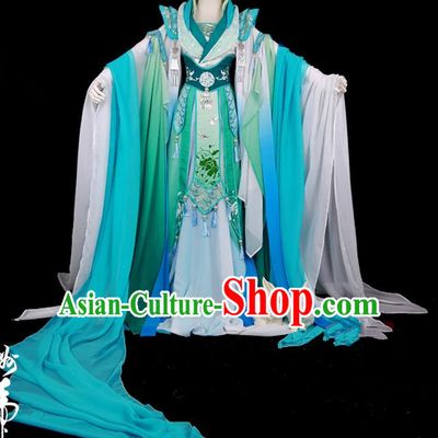 Traditional Ancient Chinese Swordsman Costume, Elegant Hanfu Cosplay Fairy Deep Blue Wide Sleeve Dress Chinese Han Dynasty Imperial Empress Scales Embroidery Tailing Clothing for Women