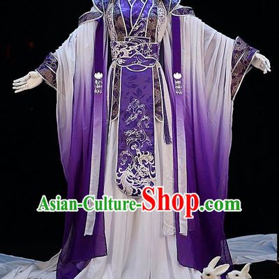 Traditional Ancient Chinese Palace Queen Costume, Elegant Hanfu Cosplay Fairy Purple Wide Sleeve Dress Chinese Han Dynasty Imperial Empress Embroidery Tailing Clothing for Women