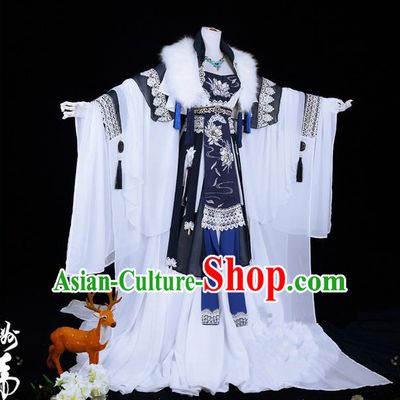 Traditional Ancient Chinese Palace Queen Costume, Elegant Hanfu Cosplay Fairy Wide Sleeve Dress Chinese Tang Dynasty Imperial Empress Embroidery Epiphyllum Cloud Tailing Clothing for Women