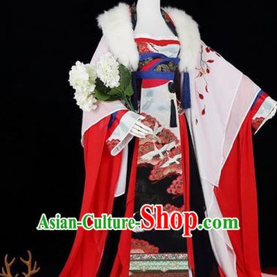 Traditional Ancient Chinese Palace Queen Costume, Elegant Hanfu Cosplay Fairy Wide Sleeve Dress Chinese Tang Dynasty Imperial Empress Embroidery Crane Leaves Tailing Clothing for Women