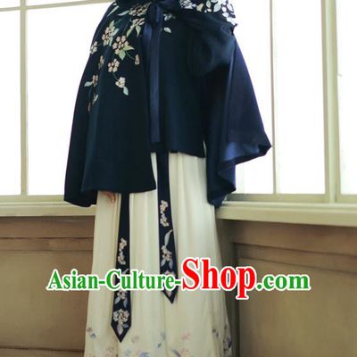 Traditional Asian Chinese Ancient Princess Woolen Navy Cloak Costume, Elegant Hanfu Mantle Clothing, Chinese Imperial Princess Embroidered Hooded Cape Costumes for Women