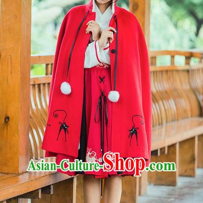 Traditional Asian Chinese Ancient Princess Woolen Red Cloak Costume, Elegant Hanfu Mantle Clothing, Chinese Imperial Princess Embroidered Deer Hooded Cape Costumes for Women
