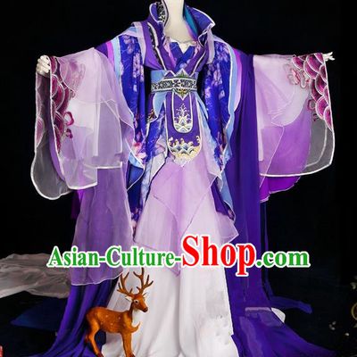 Traditional Ancient Chinese Palace Queen Costume, Elegant Hanfu Cosplay Fairy Purple Wide Sleeve Dress Chinese Tang Dynasty Imperial Empress Embroidery Flowers Tailing Clothing for Women