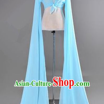 Traditional Chinese Long Sleeve Water Sleeve Dance Suit China Folk Dance Chiffon Long Blue Ribbon for Women