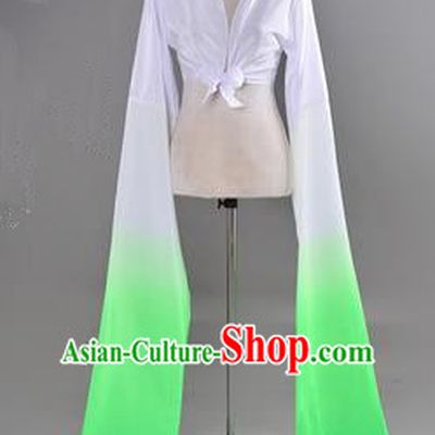 Traditional Chinese Long Sleeve Water Sleeve Dance Suit China Folk Dance Koshibo Long White and Geen Gradient Ribbon for Women