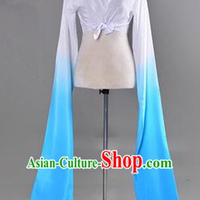 Traditional Chinese Long Sleeve Water Sleeve Dance Suit China Folk Dance Koshibo Long White and Blue Gradient Ribbon for Women