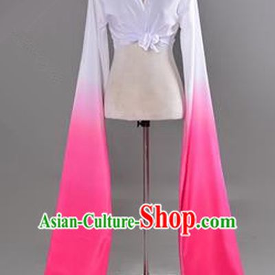 Traditional Chinese Long Sleeve Water Sleeve Dance Suit China Folk Dance Koshibo Long White and Pink Gradient Ribbon for Women