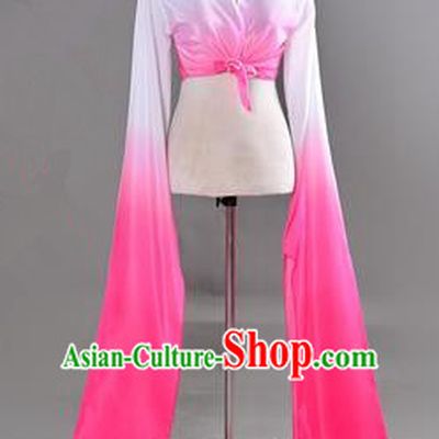 Traditional Chinese Long Sleeve Water Sleeve Dance Suit China Folk Dance Koshibo Long White and Pink Gradient Ribbon for Women
