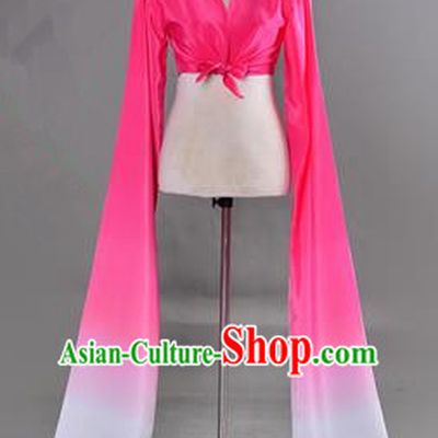 Traditional Chinese Long Sleeve Water Sleeve Dance Suit China Folk Dance Koshibo Long White and Rose Red Gradient Ribbon for Women