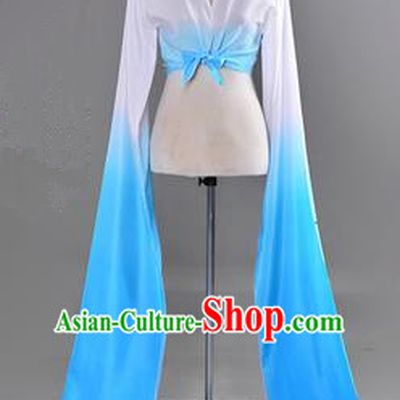 Traditional Chinese Long Sleeve Water Sleeve Dance Suit China Folk Dance Koshibo Long White and Blue Red Gradient Ribbon for Women