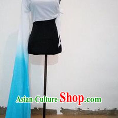 Traditional Chinese Long Sleeve Single Water Sleeve Dance Suit China Folk Dance Koshibo Long Blue and White Gradient Ribbon for Women