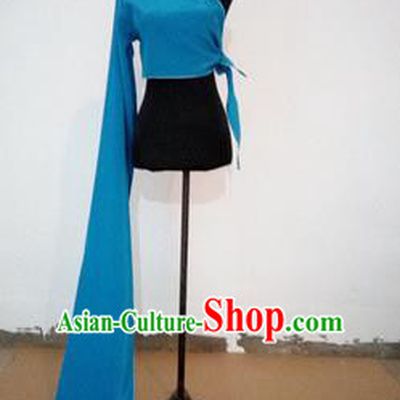 Traditional Chinese Long Sleeve Single Water Sleeve Dance Suit China Folk Dance Koshibo Long Blue Ribbon for Women