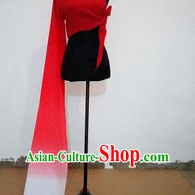 Traditional Chinese Long Sleeve Single Water Sleeve Dance Suit China Folk Dance Koshibo Long Red and White Ribbon for Women
