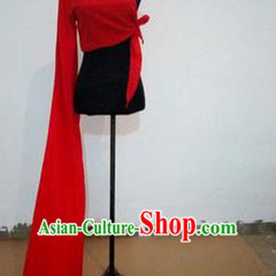 Traditional Chinese Long Sleeve Single Water Sleeve Dance Suit China Folk Dance Koshibo Long Red Ribbon for Women