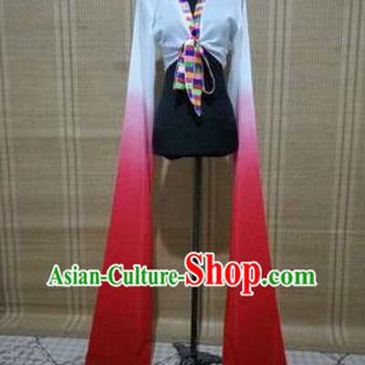 Traditional Chinese Long Sleeve Tibetan Nationality Water Sleeve Dance Suit China Folk Dance Koshibo Long White and Red Gradient Ribbon for Women