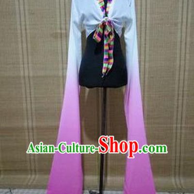 Traditional Chinese Long Sleeve Tibetan Nationality Water Sleeve Dance Suit China Folk Dance Koshibo Long White and Pink Gradient Ribbon for Women