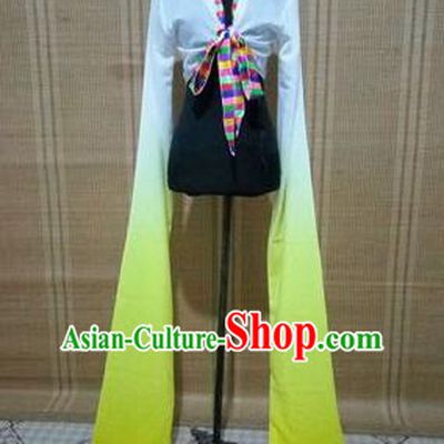 Traditional Chinese Long Sleeve Tibetan Nationality Water Sleeve Dance Suit China Folk Dance Koshibo Long White and Yellow Gradient Ribbon for Women
