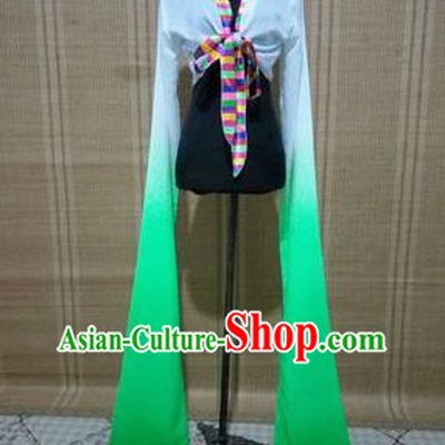 Traditional Chinese Long Sleeve Tibetan Nationality Water Sleeve Dance Suit China Folk Dance Koshibo Long White and Green Gradient Ribbon for Women