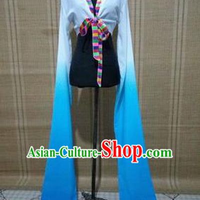 Traditional Chinese Long Sleeve Tibetan Nationality Water Sleeve Dance Suit China Folk Dance Koshibo Long White and Blue Gradient Ribbon for Women